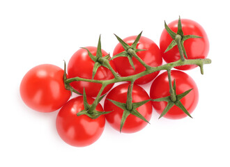 Branch of fresh cherry tomatoes isolated on white, top view