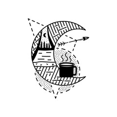 Camping badge design. Camping crest logo with tent and camp mug. Travel label isolated. Sacred geometry. Stock vector graphics emblem