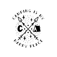 Camping badge design. Camping crest logo with tent, Luna and quote - Camping is my happy place. Travel label isolated. Sacred geometry. Stock vector tattoo graphics emblem
