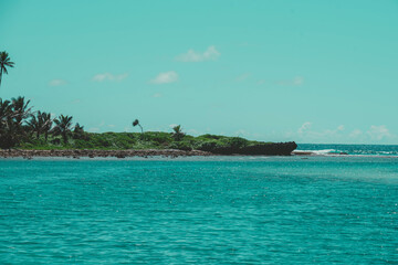 View of a beautiful tropical beach with white sand, palm trees, turquoise ocean with clouds on sunny summer day. Perfect landscape background for relaxing vacation, Rarotonga, Cook Island.