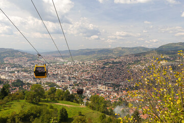 Cable car wire above the city of Sarajevo, Bosnia-Herzegovina during daylight