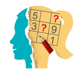 Woman head with sudoku and Pencil. 
Illustration of Stylized torn paper female head silhouette with sudoku and red pencil. Vector available.
