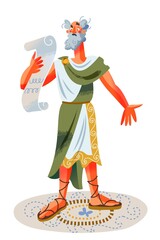 Ancient Roman empire man reading scroll of paper. Rome history and culture vector illustration. Old senator with beard in toga and sandals standing and talking on white background - obrazy, fototapety, plakaty