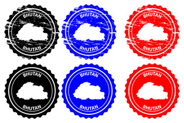 Bhutan - rubber stamp - vector, Kingdom of Bhutan map pattern - sticker - black, blue and red
