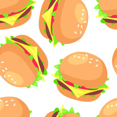 Hand Drawn Cartoon Illustration Burger. Fast Food Vector Drawing. Tasty Image Meal. Flat Style Collection