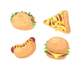 Hand Drawn Cartoon Illustration Tacos, Pizza, Hot Dog, Burger. Fast Food Vector Drawing. Tasty Image Meal. Flat Style Collection American, Italian and Mexican Cuisine