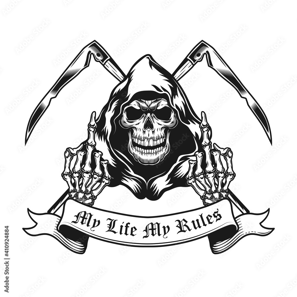Aufkleber retro emblem with grim reaper showing middle fingers. monochrome design element with skeleton, cross