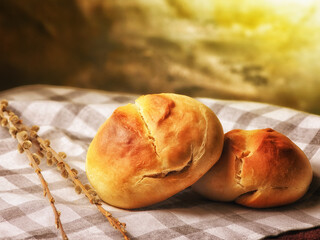 Linen towel. Bread, pussy willow and eggs. Consecrated Easter cake. Festive table. Easter dish. Tradition and rite. Church service. One of the most important holidays of the year. Holy Week.