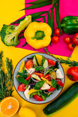 healthy food. Greek Salad with cheese, cucumbers, tomatoes and olives on a decorated table