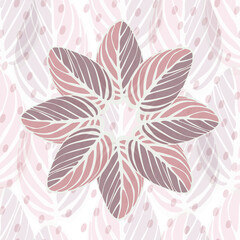 Seamless pattern of striped leaves and translucent polka dots in pastel colors. For printing on textiles, fabrics, bedding, wrapping paper, wallpaper. Vector graphics.