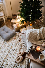 Fototapeta na wymiar Beautiful Christmas tree in living room. Interior design