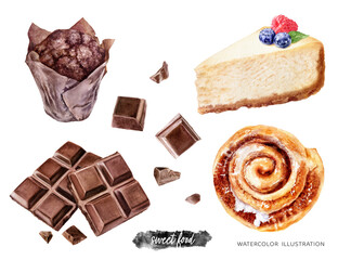 Sweet food set watercolor illustration isolated on white background