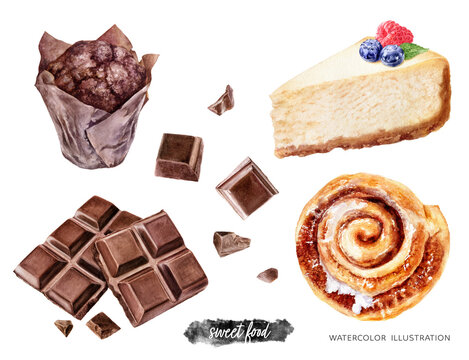 Sweet food set watercolor illustration isolated on white background