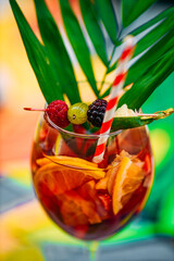 tropical cocktail with berries and fruits on a decorated table