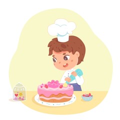 Boy making cake at home. Little kid in hat and apron decorating cake with pink icing and cream vector illustration. Young happy chef preparing sweet food in kitchen