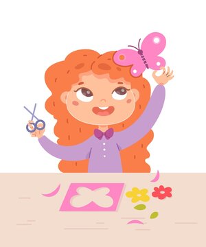Girl making butterfly from paper in art and crafts class. Little child cutting flowers with scissors, sitting at desk. Creative activities with tools vector illustration