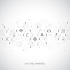 Medical background and healthcare technology with flat icons and symbols. Design template of concept and idea for health care business, innovation medicine, health safety, science. Vector illustration