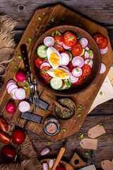 Obraz na płótnie Canvas tasty spring salad with round sliced tomatoes, cucumber, radish, boiled eggs, herbs in wooden bowl on rustic table