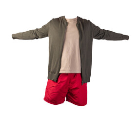 mens bomber jacket, t-shirt and sports shorts isolated on white background.