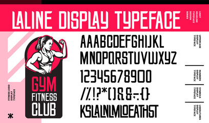 Gym fitness club logo with modern light headline typeface alphabet letters font and number