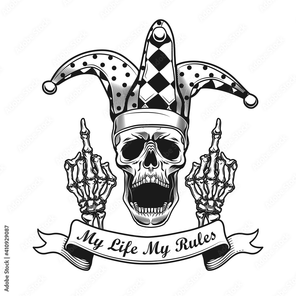 Poster black retro emblem with fool showing middle finger. monochrome design element with skeleton jester s