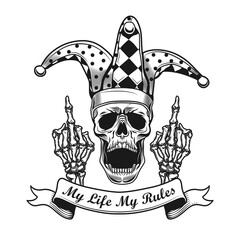 Black retro emblem with fool showing middle finger. Monochrome design element with skeleton jester showing fuck off gesture and text. Nonconformist concept for tattoo, stamp, print template