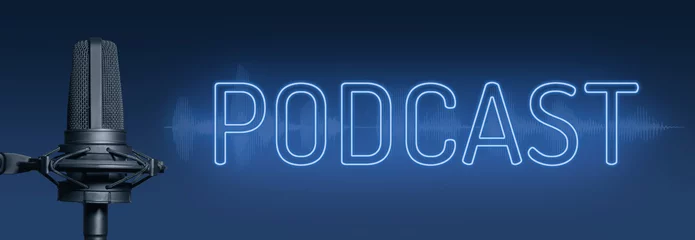 Podcast neon sign with studio microphone and waveform, blue broadcasting banner © OneClic