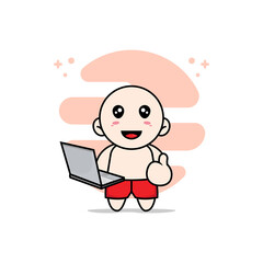 Cute kids character holding laptop.