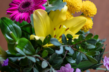 Beautiful spring bouquet of flowers. Different types of flowers.