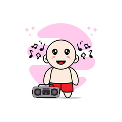 Cute kids character holding radio.