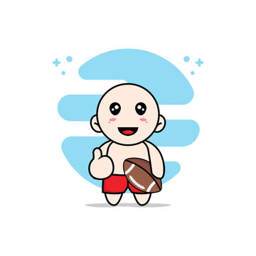 Cute Kids Character Holding A Rugby Ball.