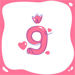 Cartoon number nine for kids birthday. Vector line art. one line.