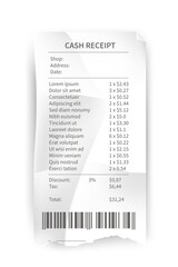 Receipt, paper bill, shop and supermarket check vector illustration template. Realistic list of purchases with prices, barcode, taxes, payment with money on white. Finance transactions