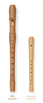 Alto recorder and soprano recorder by comparison with different size, design and wooden texture. Isolated vector illustration on white background.
