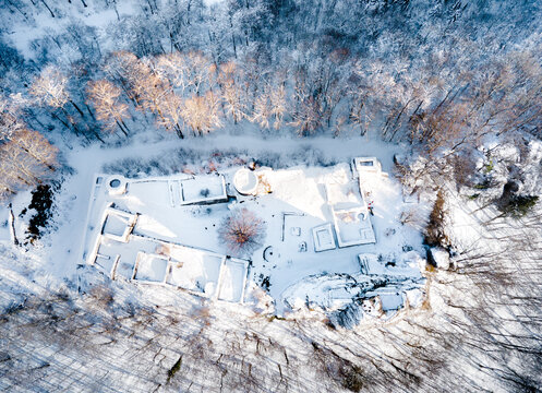 aerial winter view of the ruins of Froburg castle in the canton of Aargau in Switzerland.