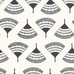 Seamless texture of traditional fans. Hand drawn sketch painting on simple color background.