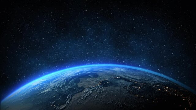 Animation of Earth planet, world, globe view from above white clouds formation . Blue space starry in background