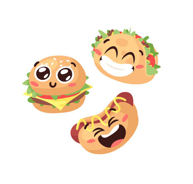 Hand Drawn Cartoon Illustration Tacos, Hot Dog, Burger Emoji. Fast Food Vector Drawing Emoticon. Tasty Image Meal. Flat Style Collection American and Mexican Cuisine