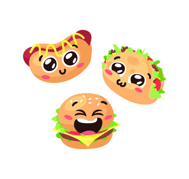 Hand Drawn Cartoon Illustration Tacos, Hot Dog, Burger Emoji. Fast Food Vector Drawing Emoticon. Tasty Image Meal. Flat Style Collection American and Mexican Cuisine