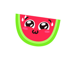 Hand Drawn Cartoon Illustration Watermelon Emoji.  Food Vector Drawing Sweet Emoticon. Tasty Image Meal. Flat Style Vegan Collection Fruits