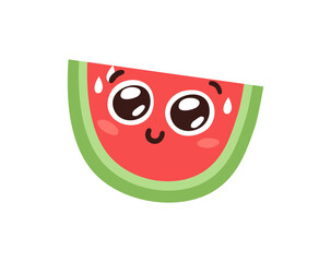 Hand Drawn Cartoon Illustration Watermelon Emoji.  Food Vector Drawing Sweet Emoticon. Tasty Image Meal. Flat Style Vegan Collection Fruits