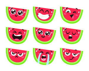 Hand Drawn Cartoon Illustration Watermelon Emoji.  Food Vector Drawing Sweet Emoticon. Tasty Image Meal. Flat Style Vegan Collection Fruits