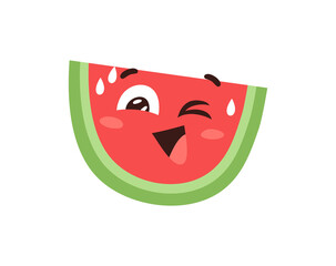Hand Drawn Cartoon Illustration Watermelon Emoji.  Food Vector Drawing Sweet Emoticon. Tasty Image Meal. Flat Style Vegan Collection Fruits
