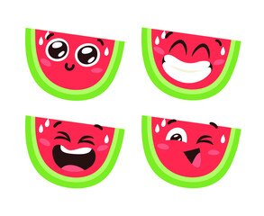 Obraz premium Hand Drawn Cartoon Illustration Watermelon Emoji. Food Vector Drawing Sweet Emoticon. Tasty Image Meal. Flat Style Vegan Collection Fruits