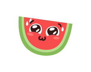Hand Drawn Cartoon Illustration Watermelon Emoji.  Food Vector Drawing Sweet Emoticon. Tasty Image Meal. Flat Style Vegan Collection Fruits