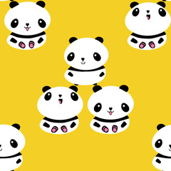 Kawaii vector panda seamless pattern pattern background. Trio of cute black and white sitting cartoon bears on yellow backdrop. Hand drawn illustration. Geometric nature animal all over print for kids