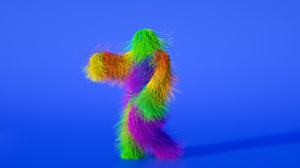 Funny hairy multicolored monster man character dancing . Furry beast having dancing, fur bright funny fluffy character, snowman, seamless motion design. © merlin74