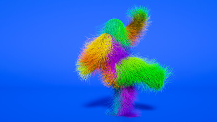 Funny hairy multicolored monster man character dancing . Furry beast having dancing, fur bright...
