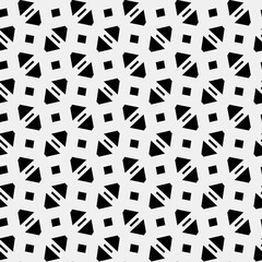 Raster geometric ornament. Black and white pattern with star shapes, squares, diamonds, grid, floral silhouettes. Simple monochrome ornamental background. Repeat design for decor, print