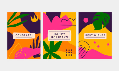 Collection of 3 colorful greeting cards. Creative abstract backgrounds. Vector illustrations.